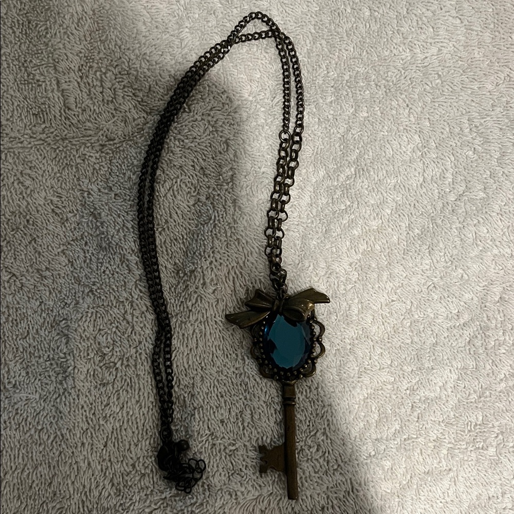 Vintage Key Pendant Necklace with Blue Stone